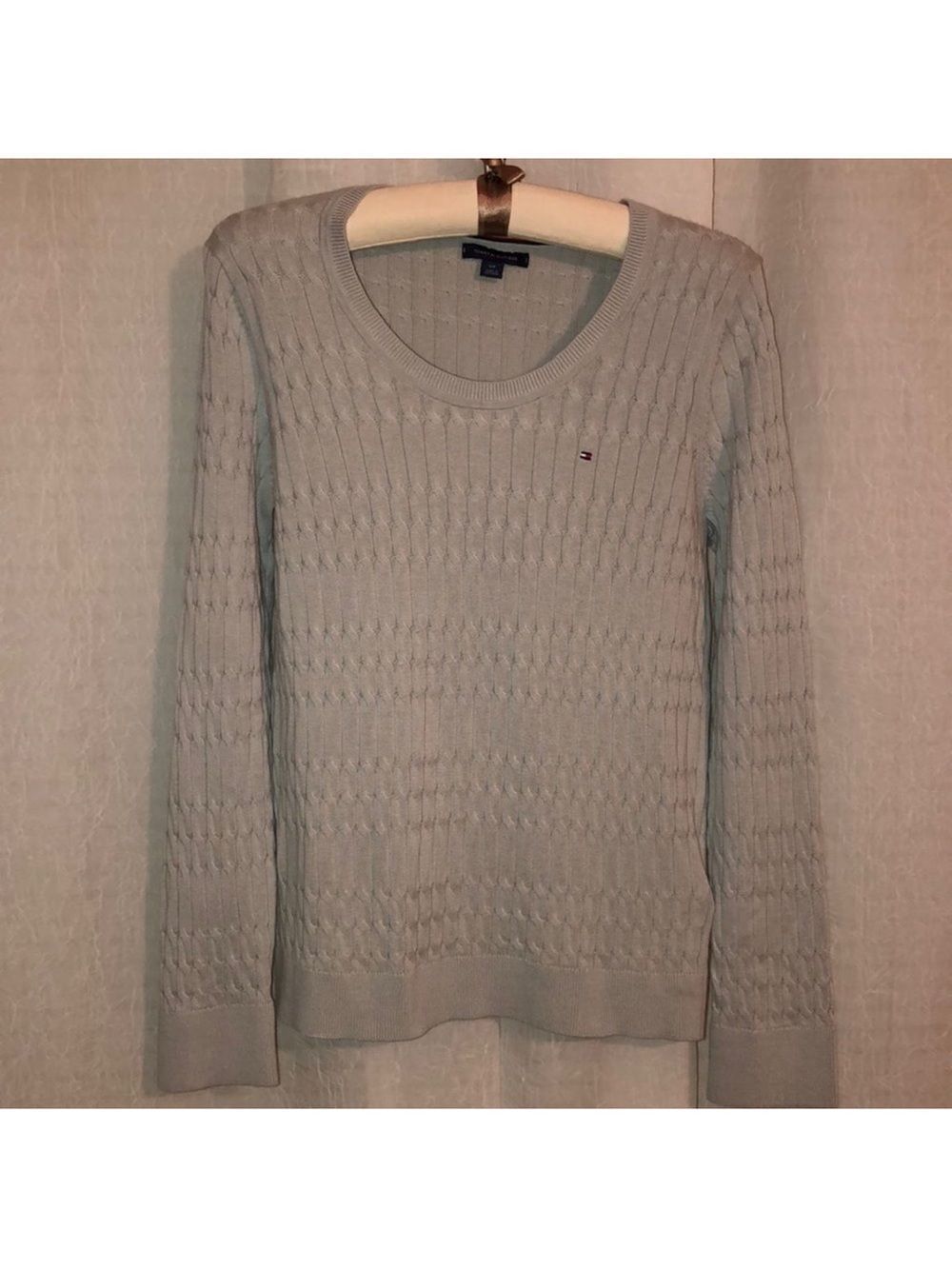 Tommy Hilfiger S Light Gray Silver Cable Knit Light Cotton Crewneck Sweater